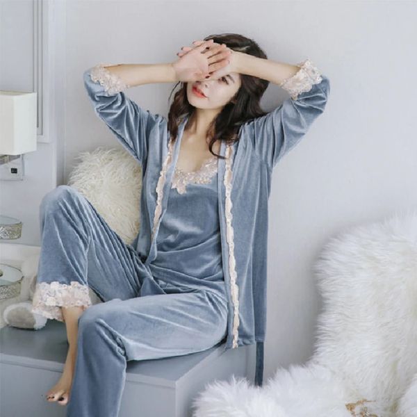 Mulheres sexy tecido de veludo três peças terno pijamas outono inverno sexy rendas luxo senhoras casa wear nightwear 240226