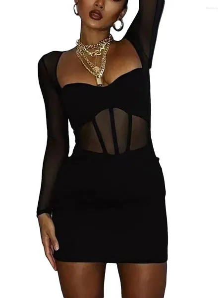 Vestidos casuais 2024 preto sexy malha retalhos espartilhos mini vestido mulheres manga longa quadrado pescoço bodycon curto festa clube streetwear