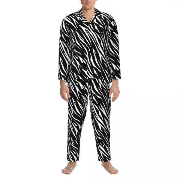 Pijamas masculinos pijamas masculinos tigre impressão sono preto e branco listras duas peças vintage conjuntos de pijama confortável oversize casa terno