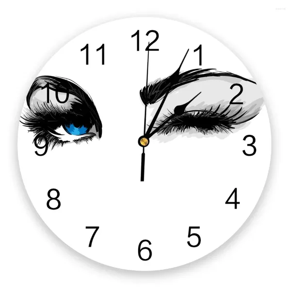 Relógios de parede Olhos Azuis Cílios Mulher Branco Relógio Redondo Criativo Decoração de Casa Sala de Estar Quartzo Agulha Pendurado Relógio