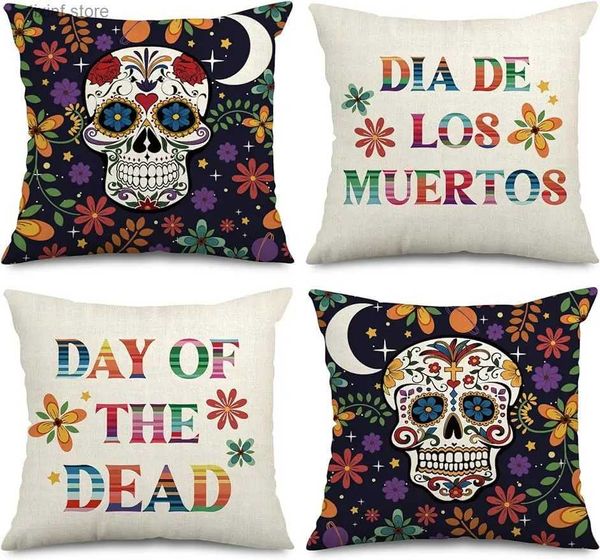 Federa per cuscino Fodera in stile messicano fiore colorato Halloween divano letto per interni fodera per cuscino decorativo 45X45 cm Custodia autunnale T240309