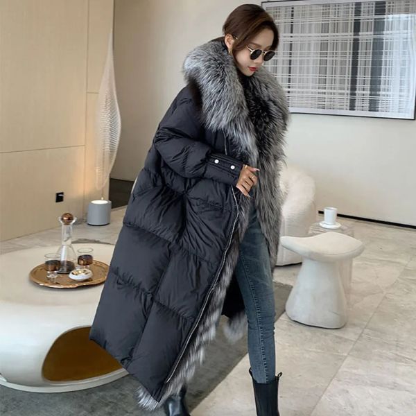 Peles Hot Sales New Winter Fanso Longo Parka feminino com grande gola de pele de raposa de gola de pele de gola de pele sobretudo