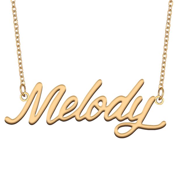Melody nome colar personalizado placa de identificação pingente para mulheres meninas presente aniversário crianças melhores amigos jóias 18k banhado a ouro aço inoxidável