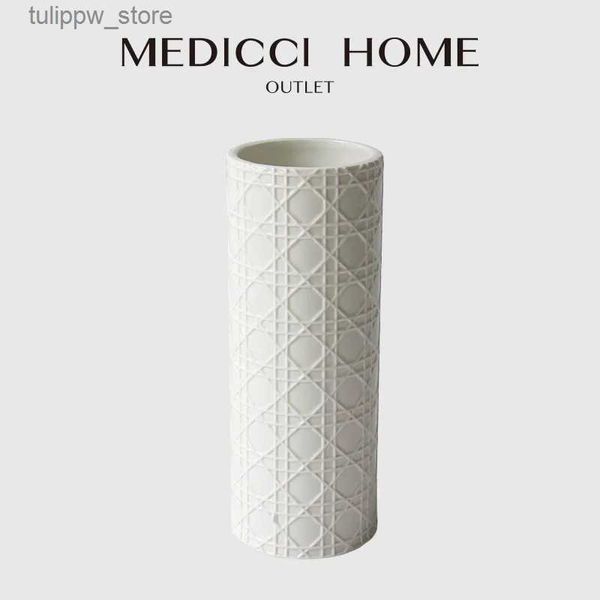 Vasos Medicci Home CD Estilo Rattan Padrão Em Relevo Branco Vasos De Cerâmica Moderno Elegante Casa Decorativa Vasos De Flores Alta Garrafa Exclusiva L240309