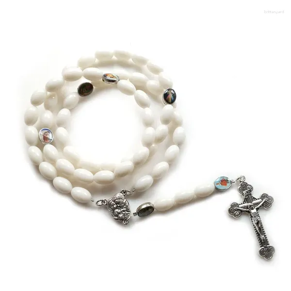 Anhänger Halsketten Rosenkranz Halskette für Unisex Weiße Glasperlen Strang Kreuz Katholischer Schmuck