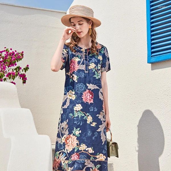 Casual Kleider Hemd Stil Blau Chiffon Seide Floral Maxi Kleid Frauen 2024 Sommer Lange Arbeit Strand Büro Sexy Party Luxus plus Größe