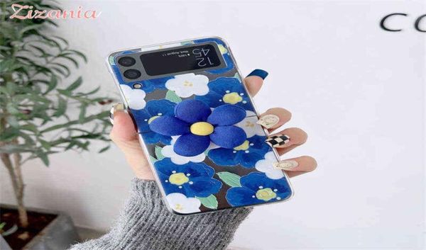 Moda bonito retro pintura a óleo flores azuis com suporte caso de telefone para samsung galaxy z flip 3 personalidade capa à prova de choque novo a3464528