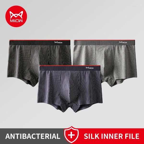 Cuecas Miiow 3 pcs sem costura listrado algodão homens roupa interior boxershorts amoreira seda 3a antibacteriano homem boxer calcinha masculina