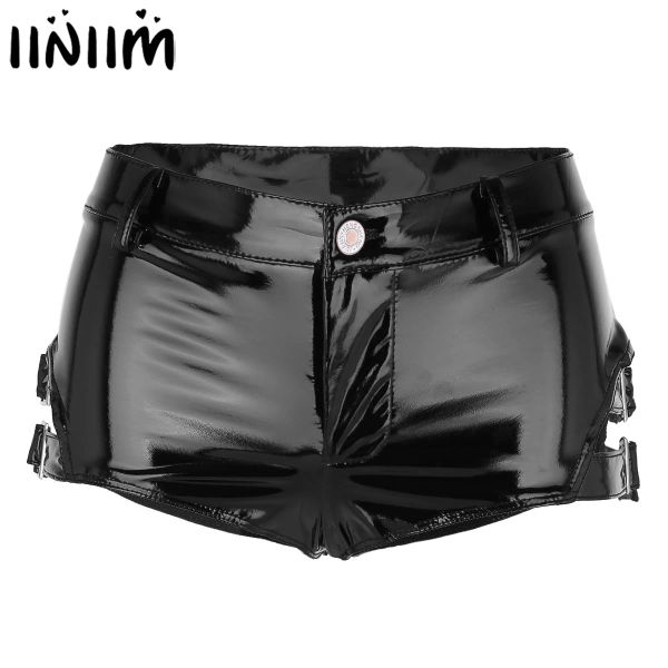 Capris schwarze Frauen glänzende Leder kurze Hosen Heiße Low -Rise -Pole Tanz Latex Shorts Clubwear Rave sexy Höschen Reißverschluss Mini Booty Shorts