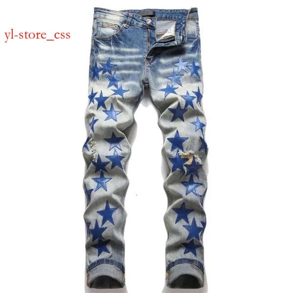 Jeans skinny firmati da uomo Pantaloni skinny viola estivi di lusso High Street Hip Hop Hipster Pantaloni strappati oversize da uomo Fashion Street Wear 2637