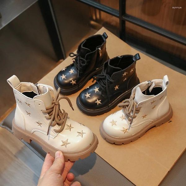 Stivali Star Ricama Ragazzi Ragazze Moda Primavera Autunno PU Scarpe alla caviglia per bambini Solido Zip antiscivolo Bambini corti