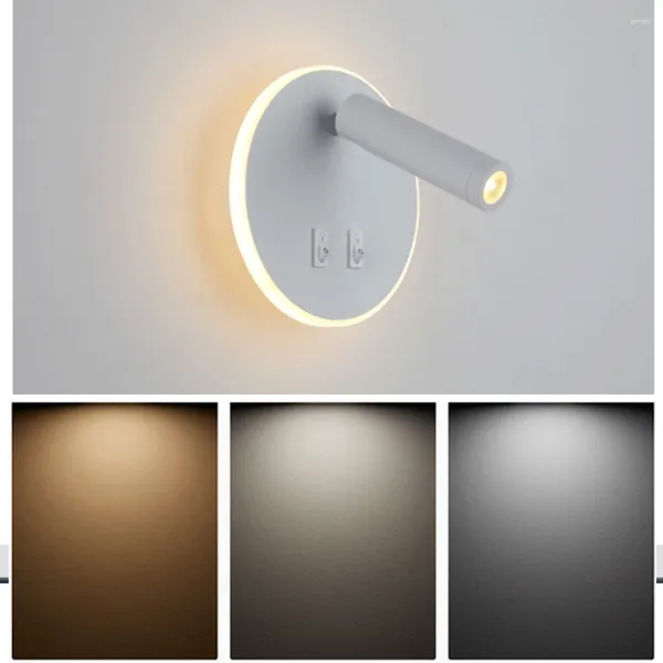 Lampada da parete Faretto da lettura da comodino a luce LED Stile nordico Rotondo Quadrato El Camera da letto Faretti rotanti a doppio controllo