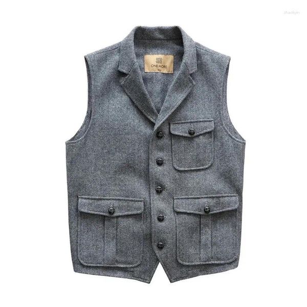 Gilet da uomo Gilet Steampunk Giacca formale Tweed Abito blu vintage Molle maschili Gilet scozzese a spina di pesce per uomo Abito da sposa