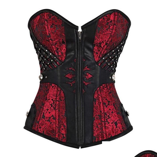 Bustiers espartilhos malha vermelha y mulheres steampunk bustier gótico plus size zíper rendas até desossado overbust corpete cintura trainer espartilho gota dhaqh