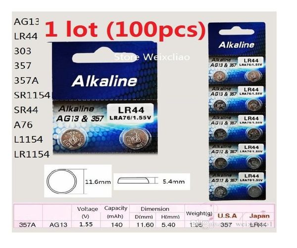 100pcs 1 Lot Piller AG13 LR44 303 357 357A SR1154 SR44 A76 L1154 LR1154 155V Alkalin Düğmesi Hücre Pil Coin6625272