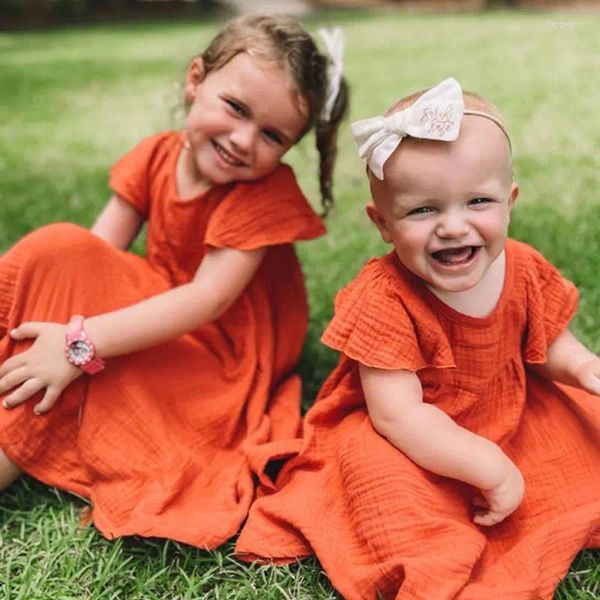 Menina vestidos verão algodão vestido de linho para traje 2024 criança até babados casual vestido criança túnica pano