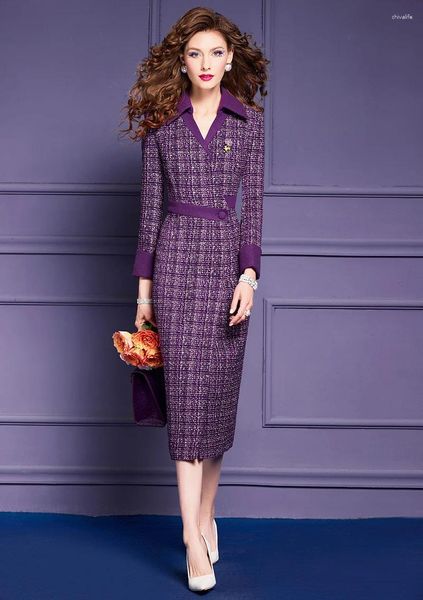 Sıradan Elbise Tasarımcı Kadınlar Midi Tweed Yün Elbise Artı Beden Zarif Ofis Lady Vintage Work Wear Party Business Chic Vestidos