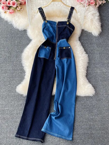 Sommer-Damen-Denim-Hosenträger-Jeans, Blau, gerade, breite Beine, Street-Style, lockerer Denim-Overall mit hoher Taille, Damen, LTKBlue1 240307
