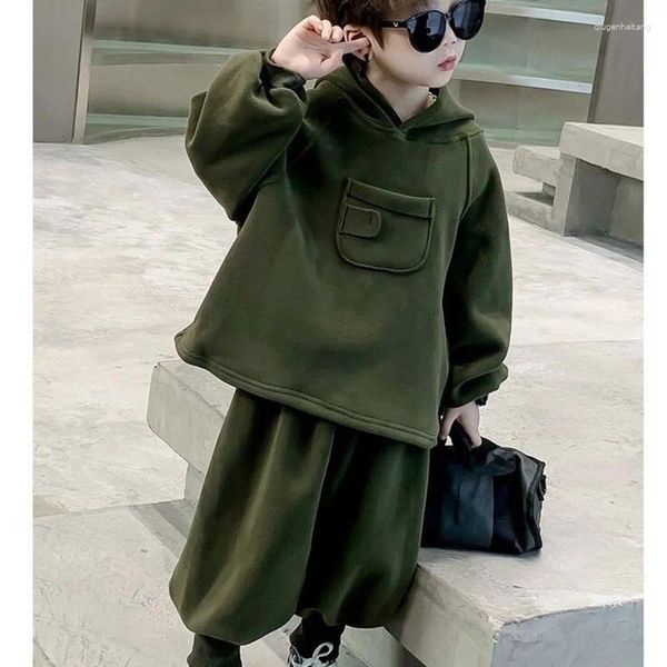 Kleidung Sets Kinder Jungen Hoodies Hosen Zweiteilige Set Plüsch Mantel Lose Frühling Herbst Koreanische Mode Feste Grüne Anzüge