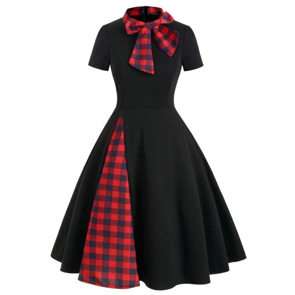 Vestido xadrez painel laço midi vestido vintage rockabilly estilo a linha vestidos longos para mulheres manga curta retalhos robe femme