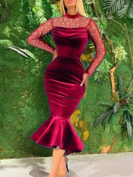 Abiti casual Aomei Donna Vino Velluto Abito da festa di Natale Patchwork di pizzo Collo alto Manica lunga Piega Sottile Sirena da sera Occasione formale