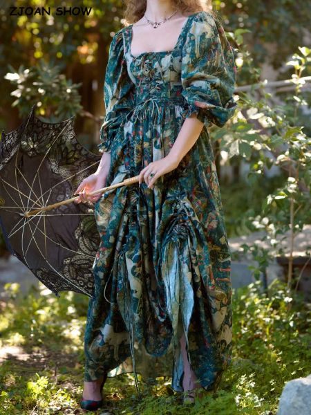 Платье 2023. Дворцовое платье принцессы с зеленым цветочным принтом, длинное свободное платье макси с крестообразной повязкой, укороченный топ со шнуровкой, сказочный халат