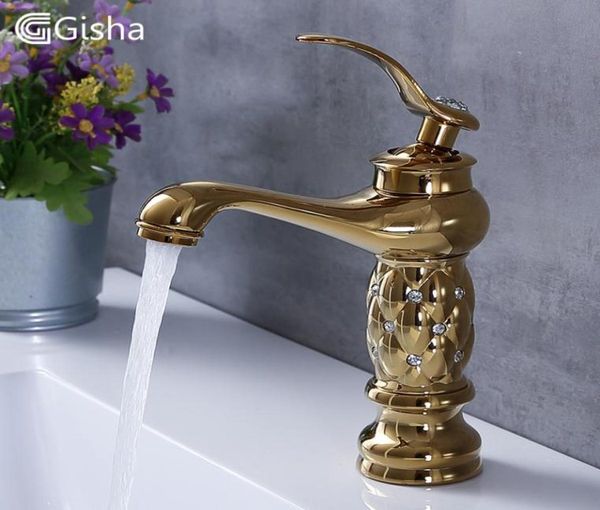 Rubinetti per lavabo Gisha Rubinetto classico in ottone con diamanti Maniglia singola e rubinetto freddo Miscelatore per lavabo in cristallo oro T2008370016