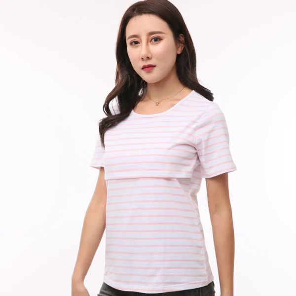 T-Shirt Gebelik Kıyafetleri Annelik Giyim Tişört Hamile Kadın Emzirme Tee Hemşirelik Üstleri Çizgili Tshirt Kısa Kollu Tshirt