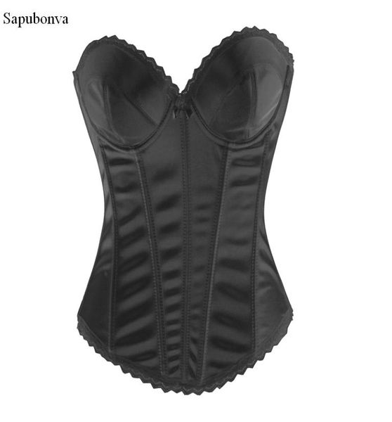 Sapubon sexy espartilhos e bustiers topos estilo vintage lingerie cetim preto branco espartilho overbust brocado roupas femininas corselet2907103