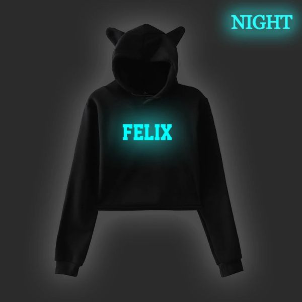 T-Shirt Beliebte Stray Kids FELIX Cropped Hoodie Mädchen Frühling Katze Ohr Tops Harajuku Sweatshirt Frauen Casual Pullover Hip Hop Streetwear