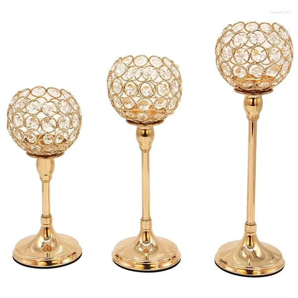 Castiçais de cristal dourado candelabros chá luz castiçal decoração para mesa de jantar decoração de casa (pacote de 3 peças)