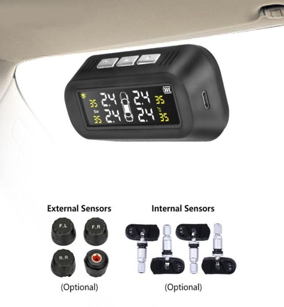 Display del sistema di monitoraggio dell'allarme della pressione dei pneumatici per auto TPMS solare Display collegato al vetro tpms Avviso di temperatura con 2 sensori8180437