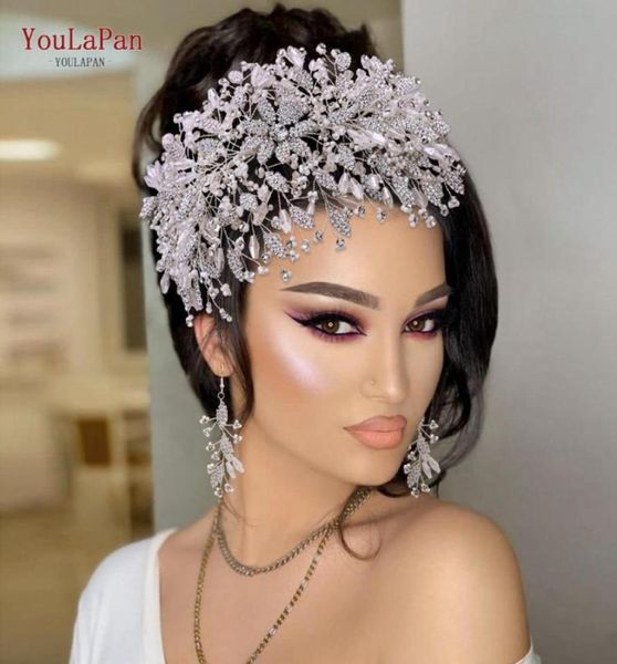 Headpieces YouLaPan HP377 Trendy Alloy Leaf Strass Bride Headpiece com Brinco Set Beads Crystal Wedding Hair Tiara Bridal Ac7399632
