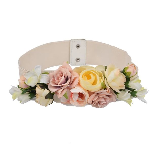 Süße elegante Frauen rosa Blumengürtel elastische Taille Kette Hochzeit Schnalle Bund Boho Blumenzubehör DW09 240309