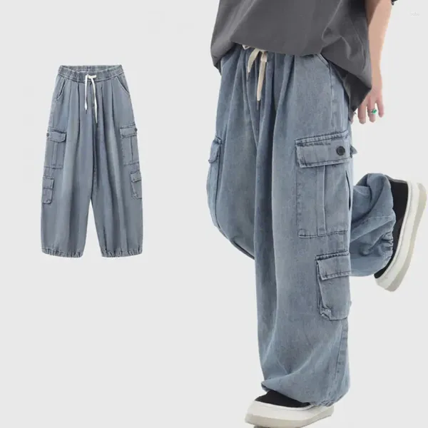 Мужские брюки, мужские джинсы свободного покроя, джинсовые брюки в стиле хоп с эластичной резинкой на талии, брюки средней длины с несколькими карманами, однотонные весенние брюки
