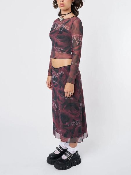 Женские футболки, комплект с юбкой, цветочный принт с буквами, укороченный топ с длинными рукавами и круглым вырезом с заниженной талией, осенний наряд