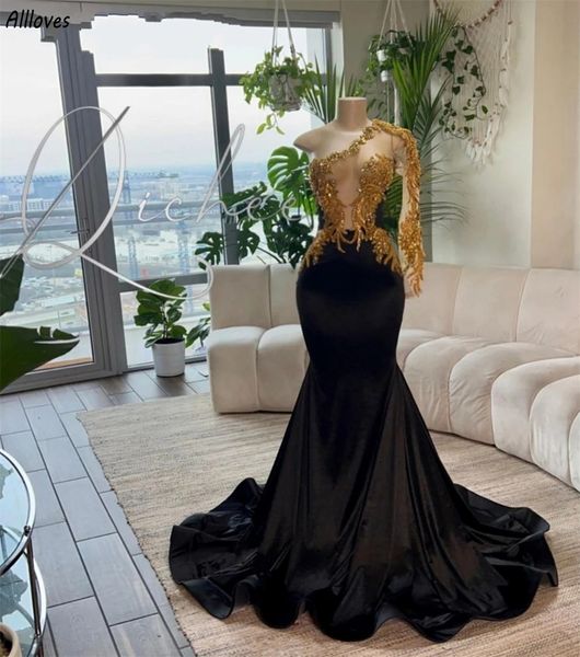 Schwarze Meerjungfrau-Abendkleider, glitzernde goldene Pailletten-Spitze, Aso Ebi, formelle Partykleider für Damen, One-Shoulder-Langarm-Abschlussballkleid für besondere Anlässe, Vestidos CL3367