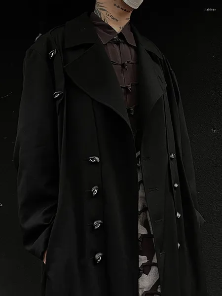 Мужские тренчи, двухрядное пальто на пуговицах с глазами, пальто в стиле унисекс, длинная куртка для мужчин и женщин, черный цвет