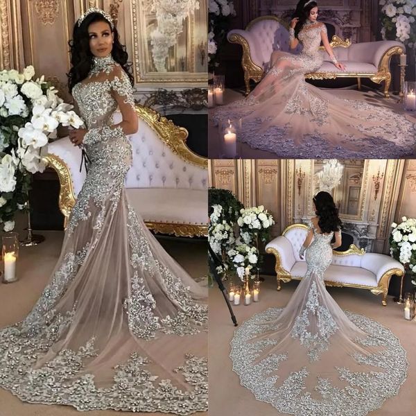 Abito da sposa a sirena scintillante di lusso Perline trasparenti trasparenti in pizzo Applique a collo alto Illusion manica lunga Champagne Tromba Abiti da sposa YD