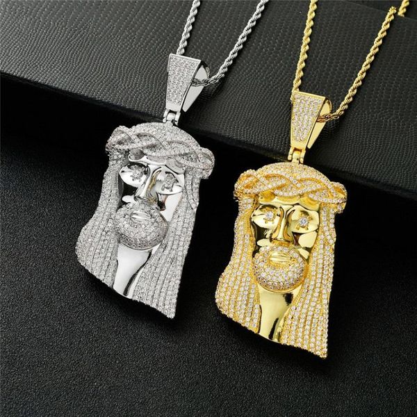 Design de luxo tamanho grande 18k ouro jesus avatar pingente colar ouro prata banhado masculino bling jóias gift298d