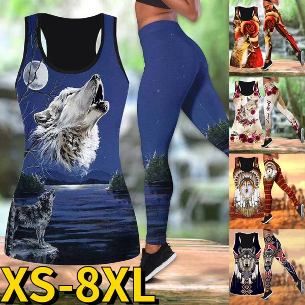 T-Shirt 2023 Damen Tierdruck Activewear-Set Yoga-Anzug Yoga-Set 3D-Druck 2-teilige Leggings Tanktop Gelb / Schwarz Yoga Fitness