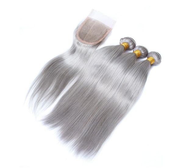 Cabelo humano cinza prateado brasileiro tece com fechamento superior liso cinza colorido pacotes de cabelo virgem ofertas 3 peças com frente de renda 4x4 4946141