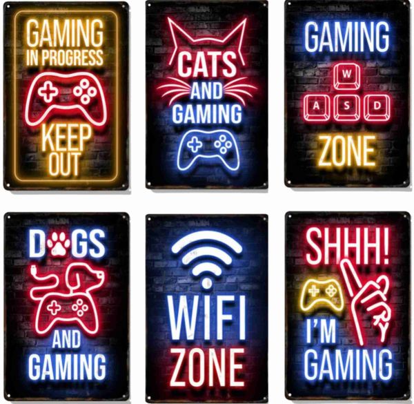 Pintura de metal Gamepad Metal Poster Neon Light Glow Lettering Decorativo Tin Sign Game Room Wall Art Plaque Modern Home Aesthetic 8 X 12 Inch T240309