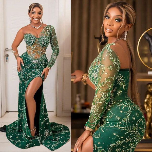 Hunter Green Aso Ebi Prom Kleider schwarze Frauen Meerjungfrau Abendkleid Langarm Illusion Strass Seite Split Geburtstagskleider für afrikanische Verlobungskleid Am499