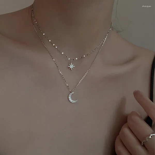 Anhänger Halsketten Koreanische Mode Doppelschicht Einfache Sterne Choker Halskette Für Frauen Shiny Zirkon Mond Anhänger Mädchen Geschenk Zubehör