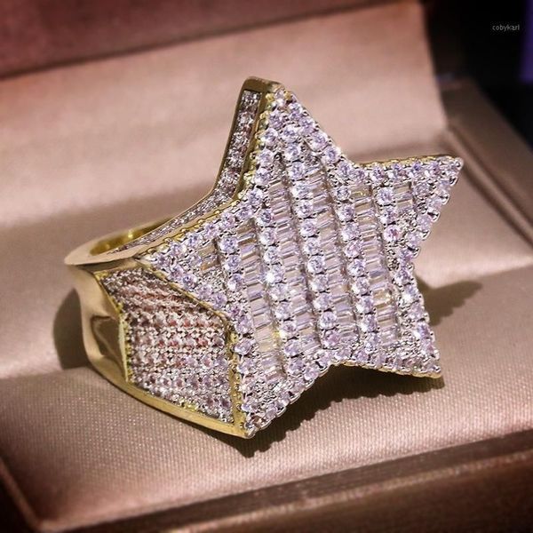 Кольцо с большим блестящим циркониевым камнем, золотое кольцо в стиле хип-хоп со звездой и пентаграммой для женщин и мужчин, модные украшения, новинка 2020, свадебное обручальное кольцо1256Q