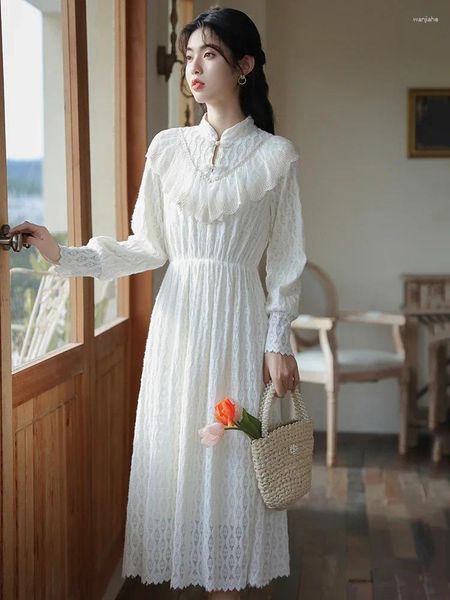 Lässige Kleider Französisch Gericht Stil Weißes Samtkleid Frau Vintage Vicotrian Design Spitze Patchwork Elegante Dame Midi Bottoming Vestidos