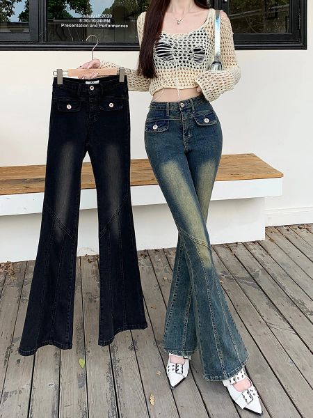 Jeans Echtzeitfoto von Retro-Spicy-Girl-Micro-Flared-Jeans für Damen im Herbst 2023 mit elastischem Gesäß, hoher Taille und Bodenausschnitt