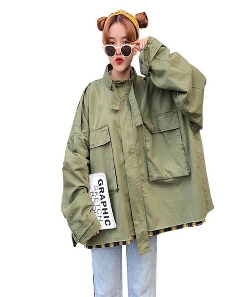 Women039s jaquetas mulheres harajuku bolsos grandes oversized namorado casacos coreano plus size exército verde preto streetwear senhoras jack5774685