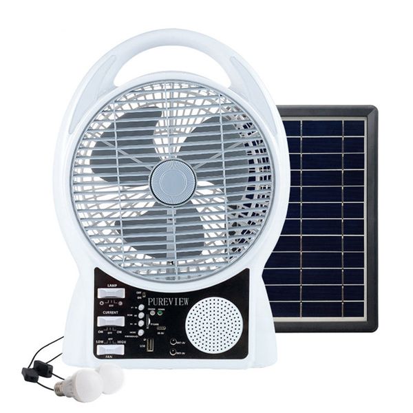 Ventiladores de energia solar 2 engrenagens 8 polegadas Ventilador de mesa recarregável portátil Bluetooth com 2pcs lâmpadas LED